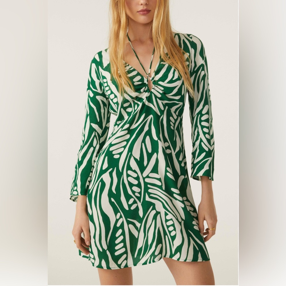 ba&sh Green and White Printed V-Neck Mini Dress